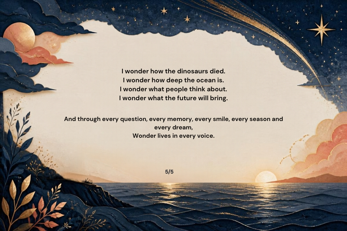 I wonder how dinosaurs died... the final page of the poem with the final sentence - wonder lives in every voice