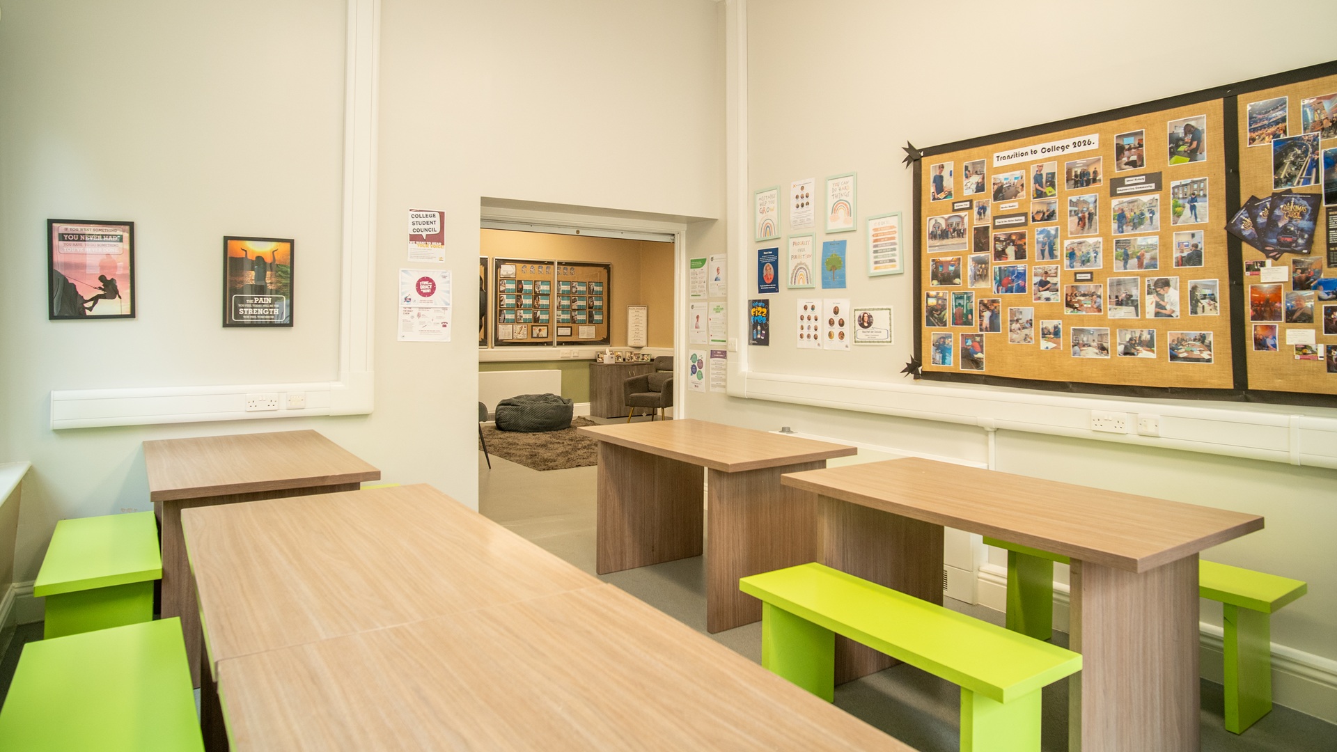 Communal kitchen space with benches and seats