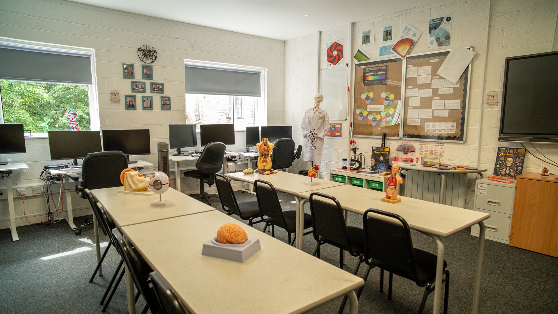 Classroom with anatomy models and science posters